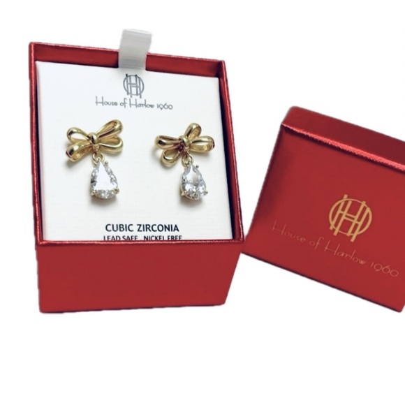 NWT ⚜️👑⚜️ House of Harlow Gold Bow Earrings with Pear shaped cubic zirconia - Picture 1 of 11